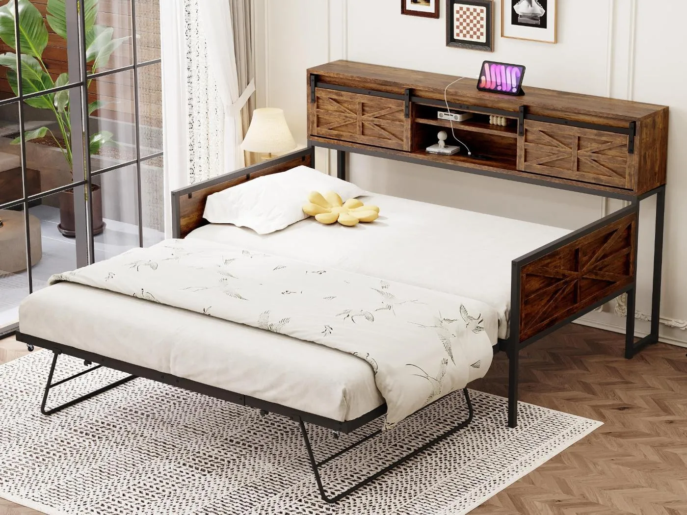 Schmiedeeisernes Sofabett 90×200 cm - mit Nestbett - mit Staufach + Mehrfachsteckdose - schwarz/braun