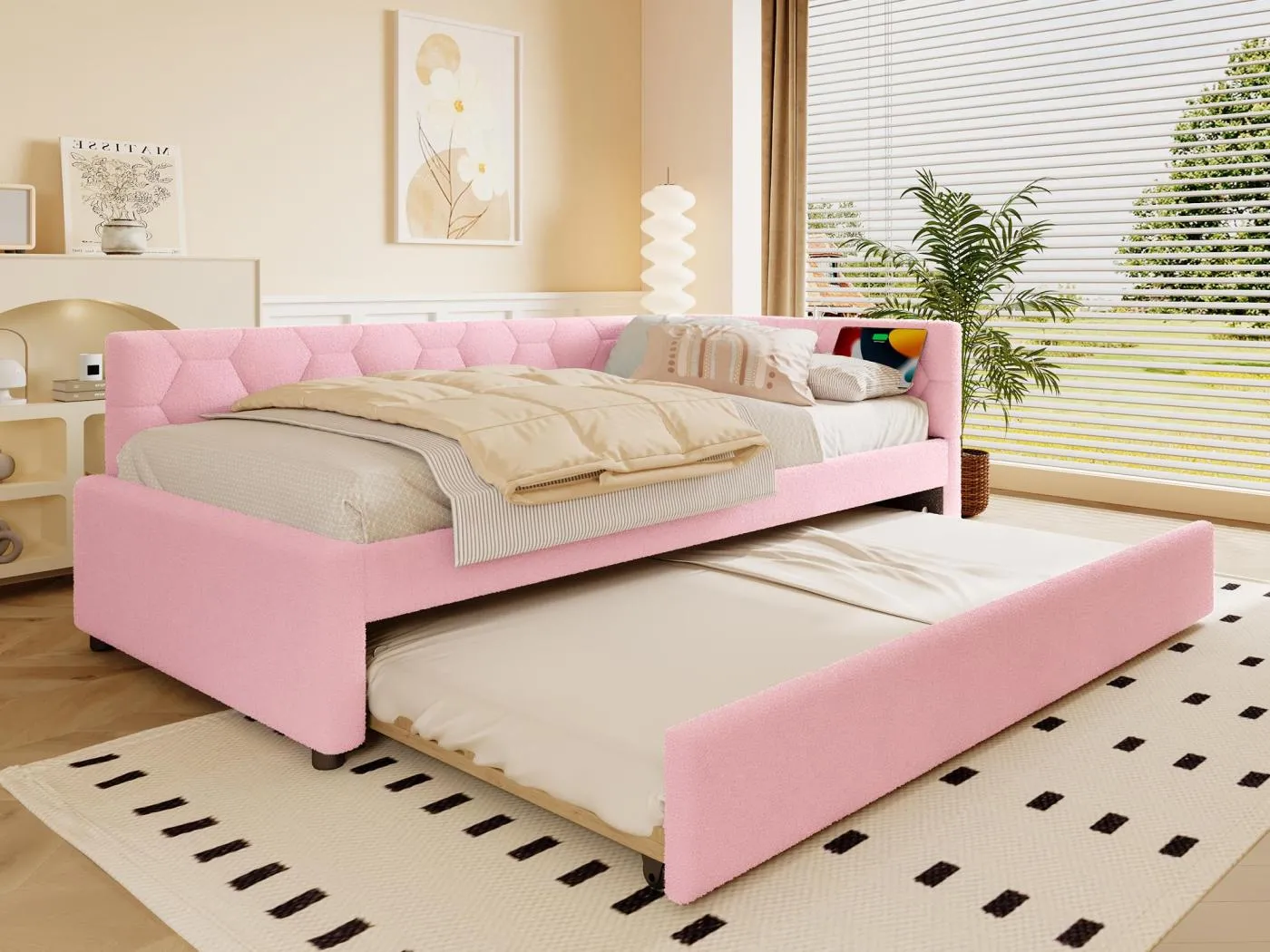 Sofabett 90×200 cm - mit Nestbett - mit USB-Anschluss + Type-C - rosa (ohne Matratze)