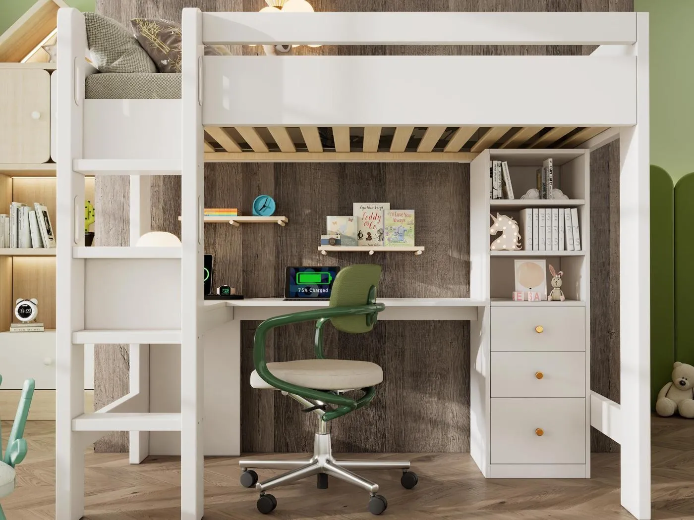 Hochbett 90x200 cm - mit USB und Type-C - mit L-förmigem Schreibtisch, Regalen und Schubladen - mit Sicherheitsgittern - weiß (ohne Matratze)