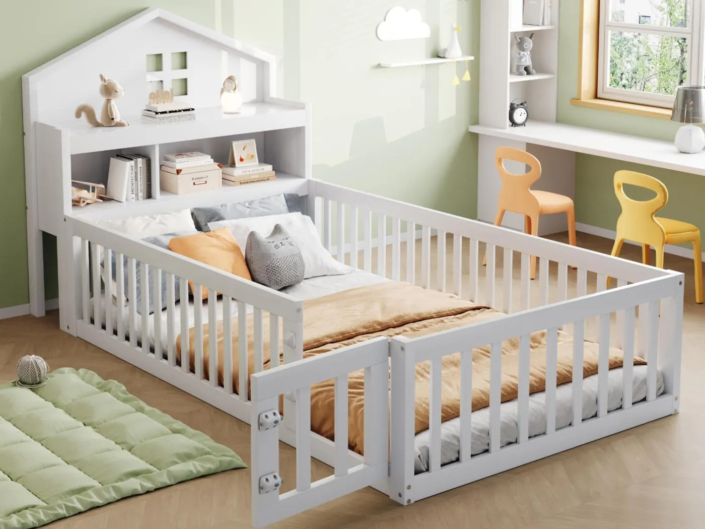 Kinderbett 90x200 cm - mit Sicherheitsgittern - mit Regalen - mit Tür - weiß (Matratze nicht enthalten)