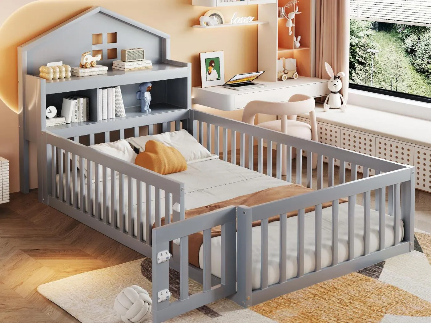 Kinderbett 90x200 cm - mit Sicherheitsgittern - mit Regalen - mit Tür - grau (Matratze nicht enthalten)