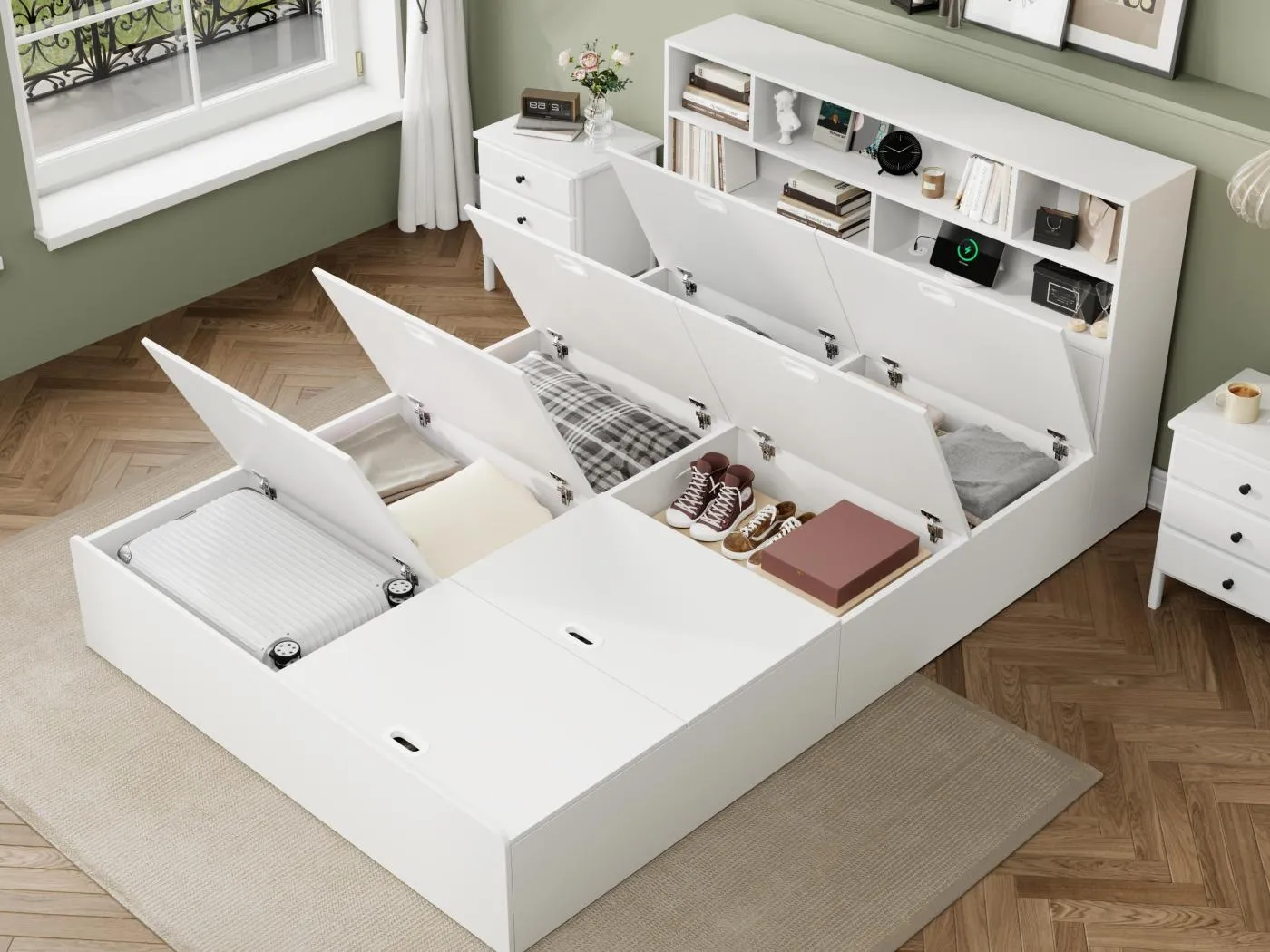 Doppelbett 140x200 cm - Stauraum unter dem Bett - mit USB-Anschluss - mit Regal - MDF - weiß