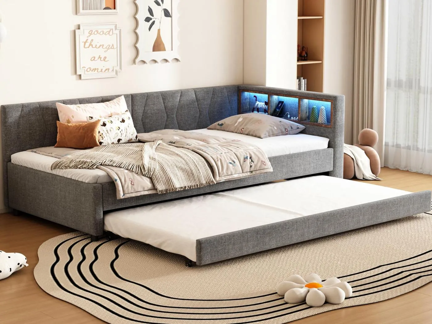 Schlafsofa 90x200 cm - mit Ausziehbett - mit USB- + Type-C-Anschlüssen - mit LED-Beleuchtung - grau (Matratze nicht enthalten)