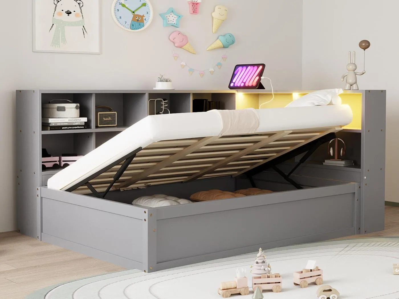 Sofa-Bett mit Stauraum 90x200 cm - mit Steckdose und Staufach - mit Lichtleiste - grau (ohne Matratze)