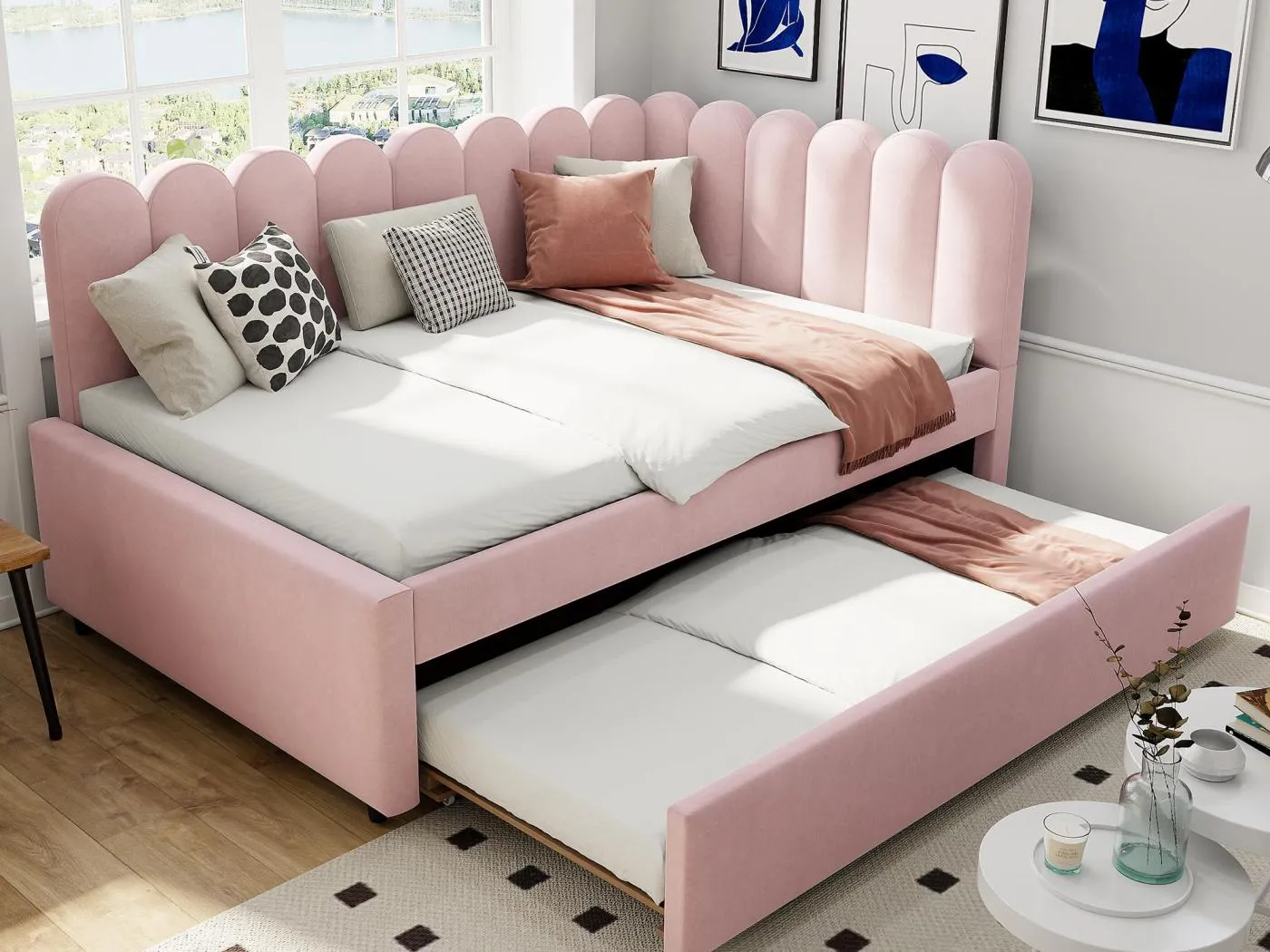 Schlafsofa 140x200 cm - mit Ausziehbett - Samt - rosa (Matratze nicht im Lieferumfang enthalten)