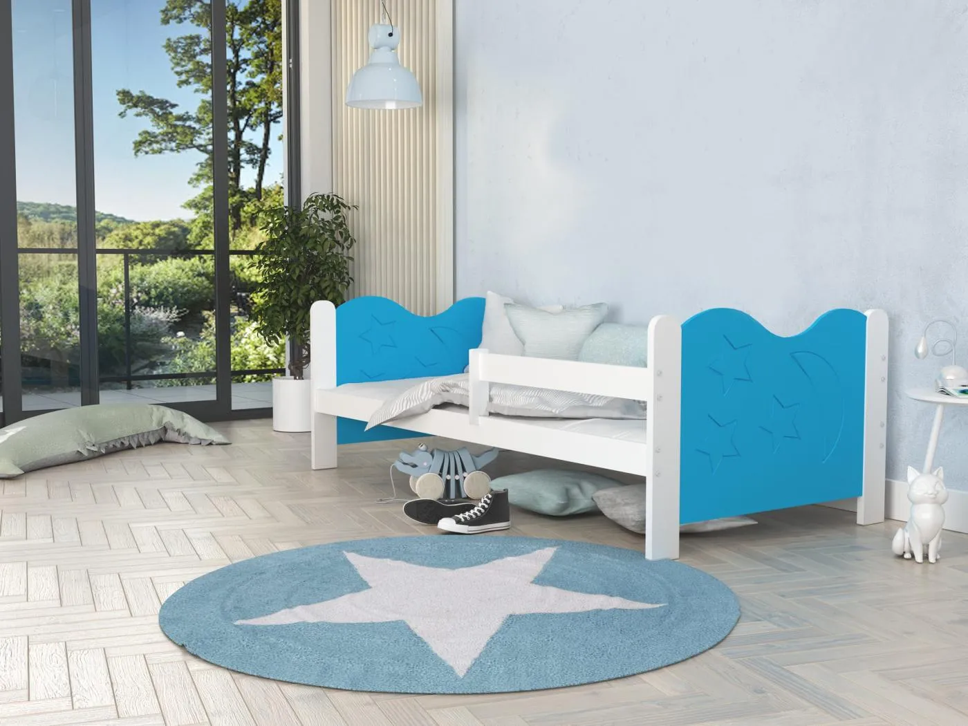 KINDERBETT mit Bettkasten Matratze Miki 160x80 cm, weißer Korpus / blaue Einsätze / Mondmuster