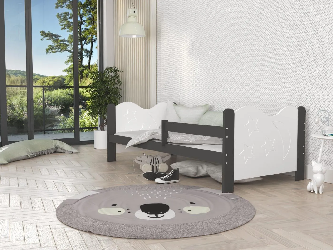 KINDERBETT mit Bettkasten Miki 190x80 cm, grauer Korpus / weiße Einsätze / Mondmuster