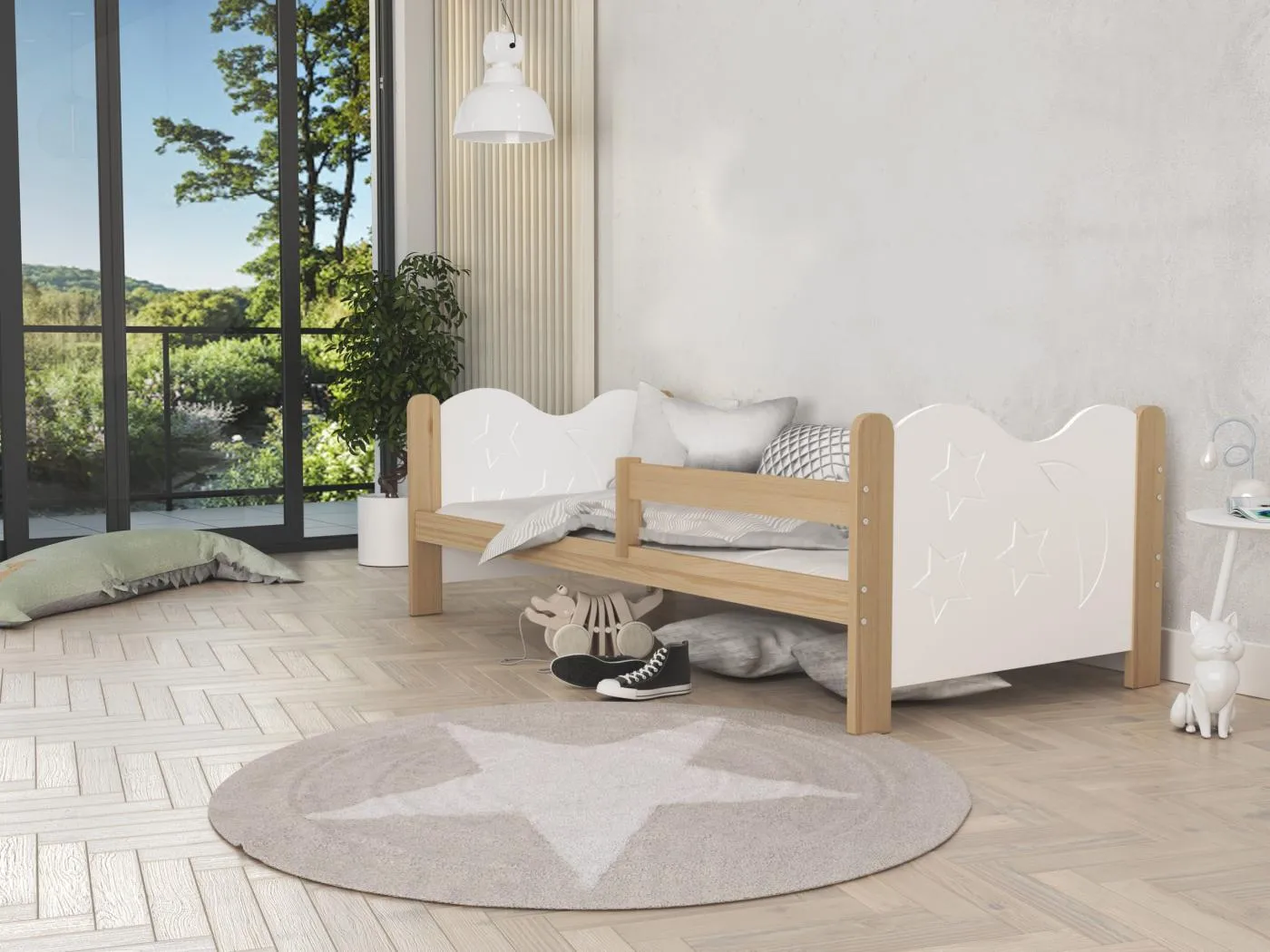 KINDERBETT mit Bettkasten Matratze Miki 190x80 cm, Korpus aus Kiefernholz / weiße Einsätze / Mondmuster