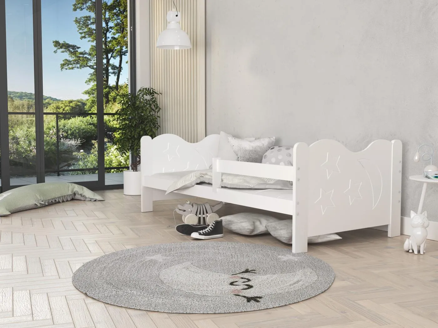 KINDERBETT mit Bettkasten Miki 190x80 cm, weißer Korpus / weiße Einsätze / Mondmuster