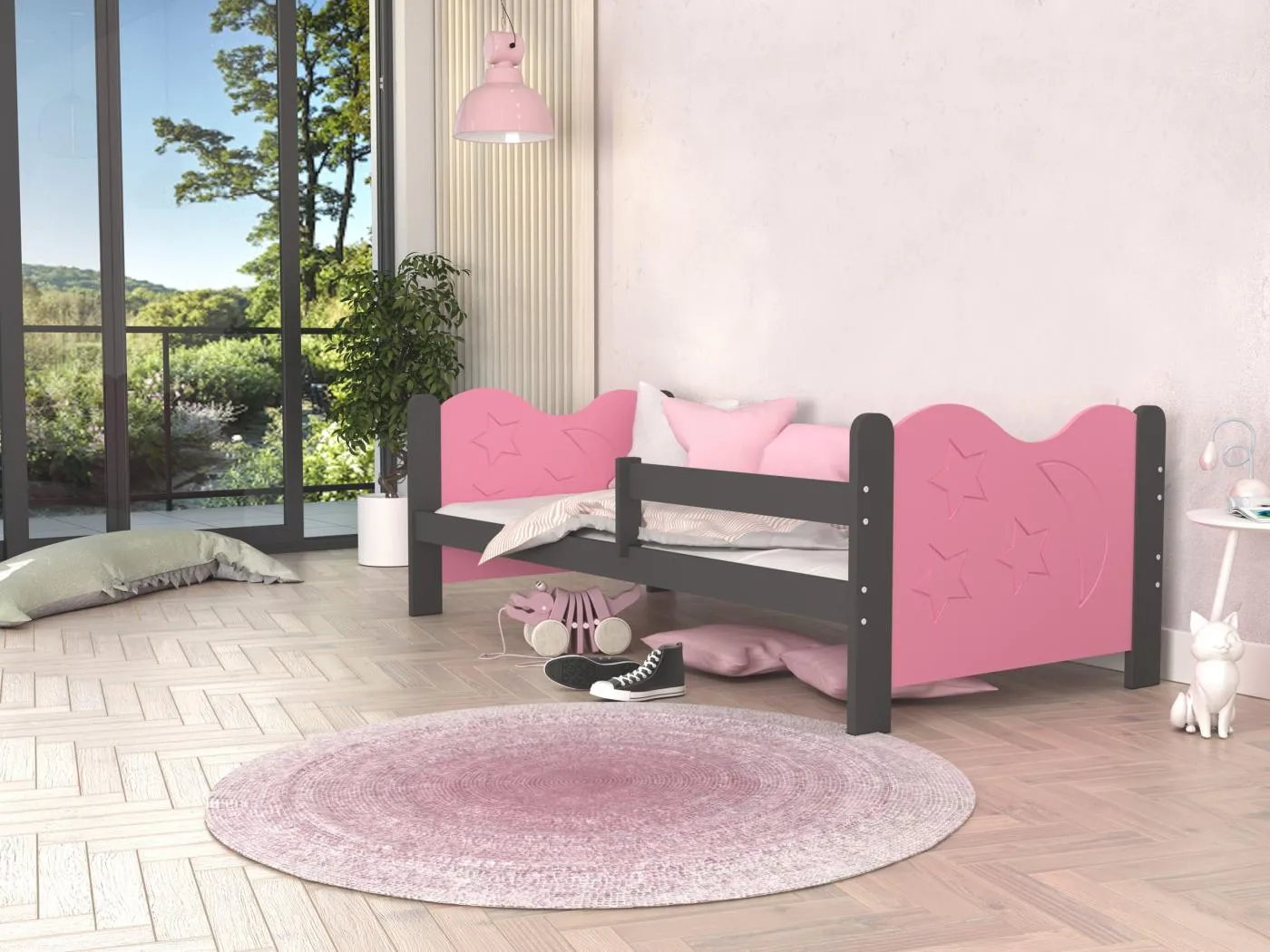 KINDERBETT mit Bettkasten Miki 190x80 cm, grauer Körper / rosa Einsätze / Mondmuster