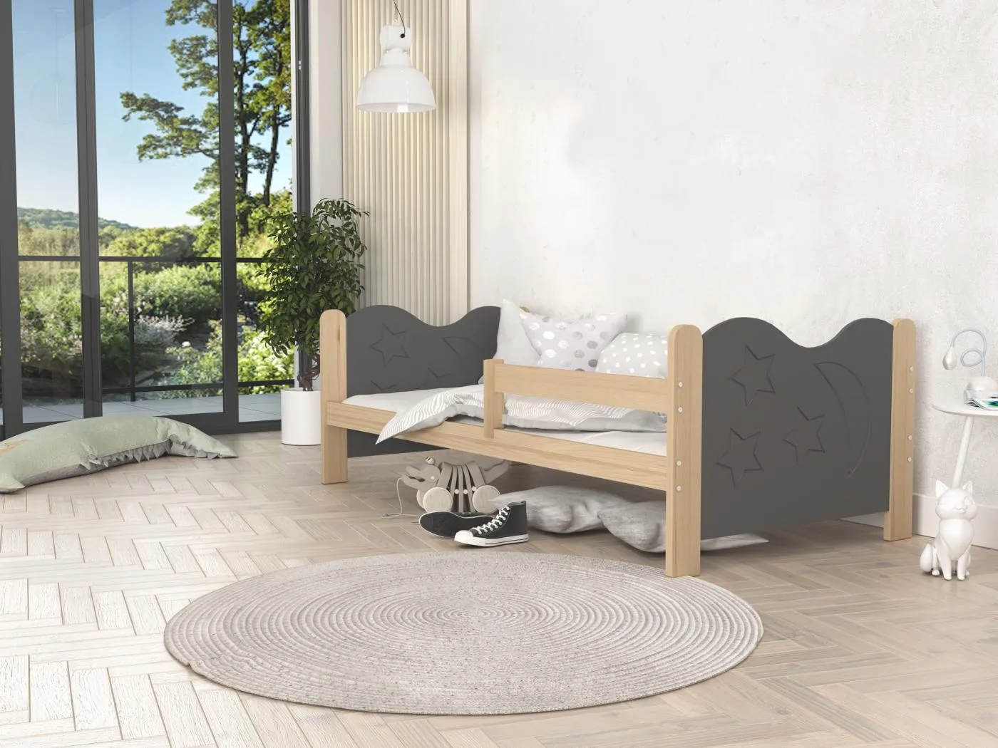 KINDERBETT mit Bettkasten Miki 190x80 cm, Korpus aus Kiefernholz / Einsätze in Grau / Mondmuster