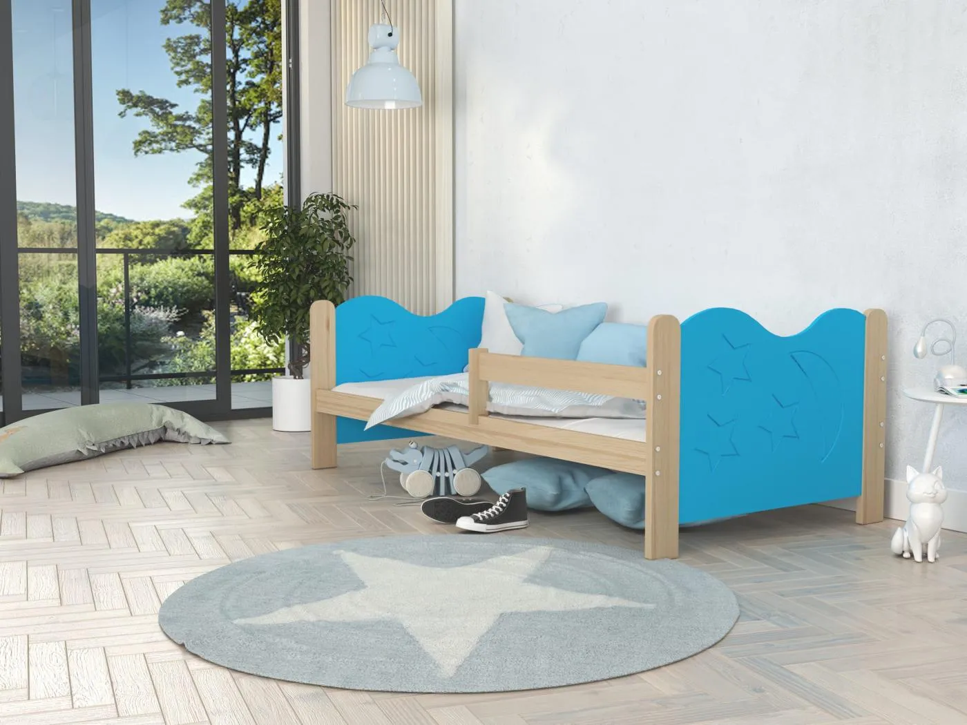 KINDERBETT mit Bettkasten Miki 160x80 cm, Kiefernholzkorpus / blaue Einsätze / Mondmuster