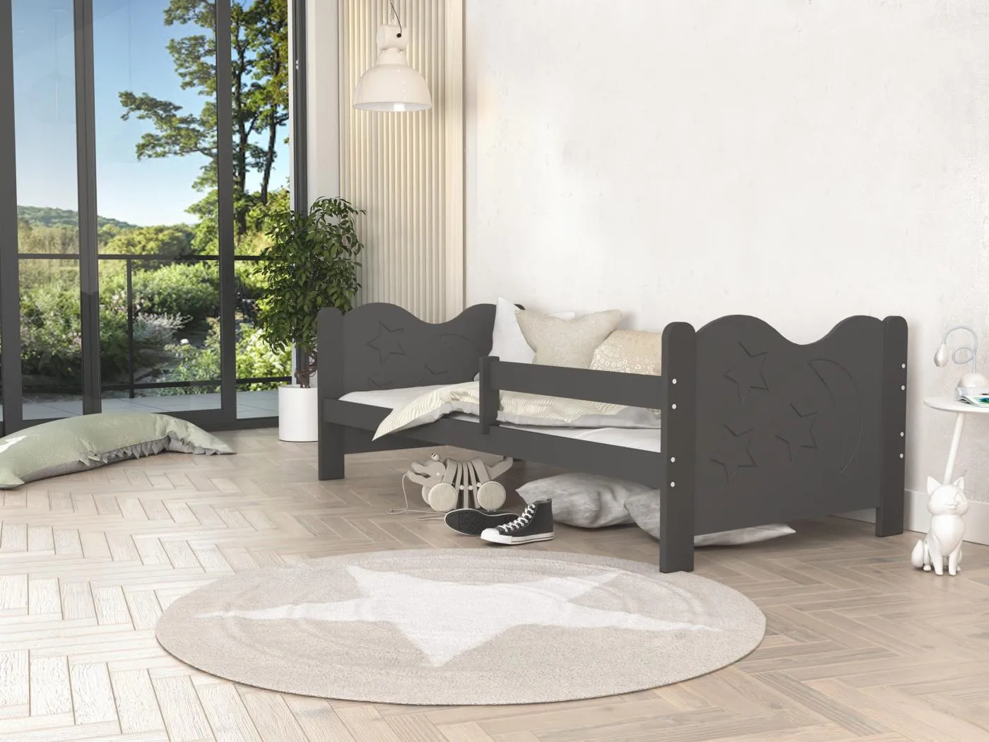 KINDERBETT mit Bettkasten Miki 190x80 cm, grauer Korpus / graue Einsätze / Mondmuster