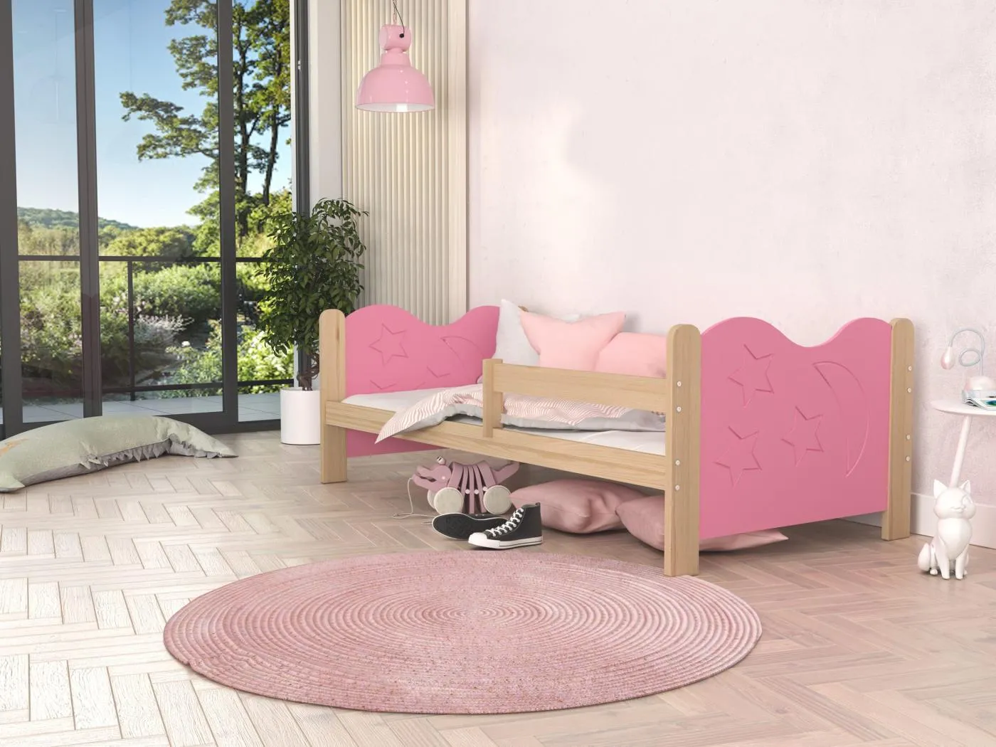 KINDERBETT mit Bettkasten Miki 160x80 cm, Kiefernholzkorpus / rosa Einsätze / Mondmuster