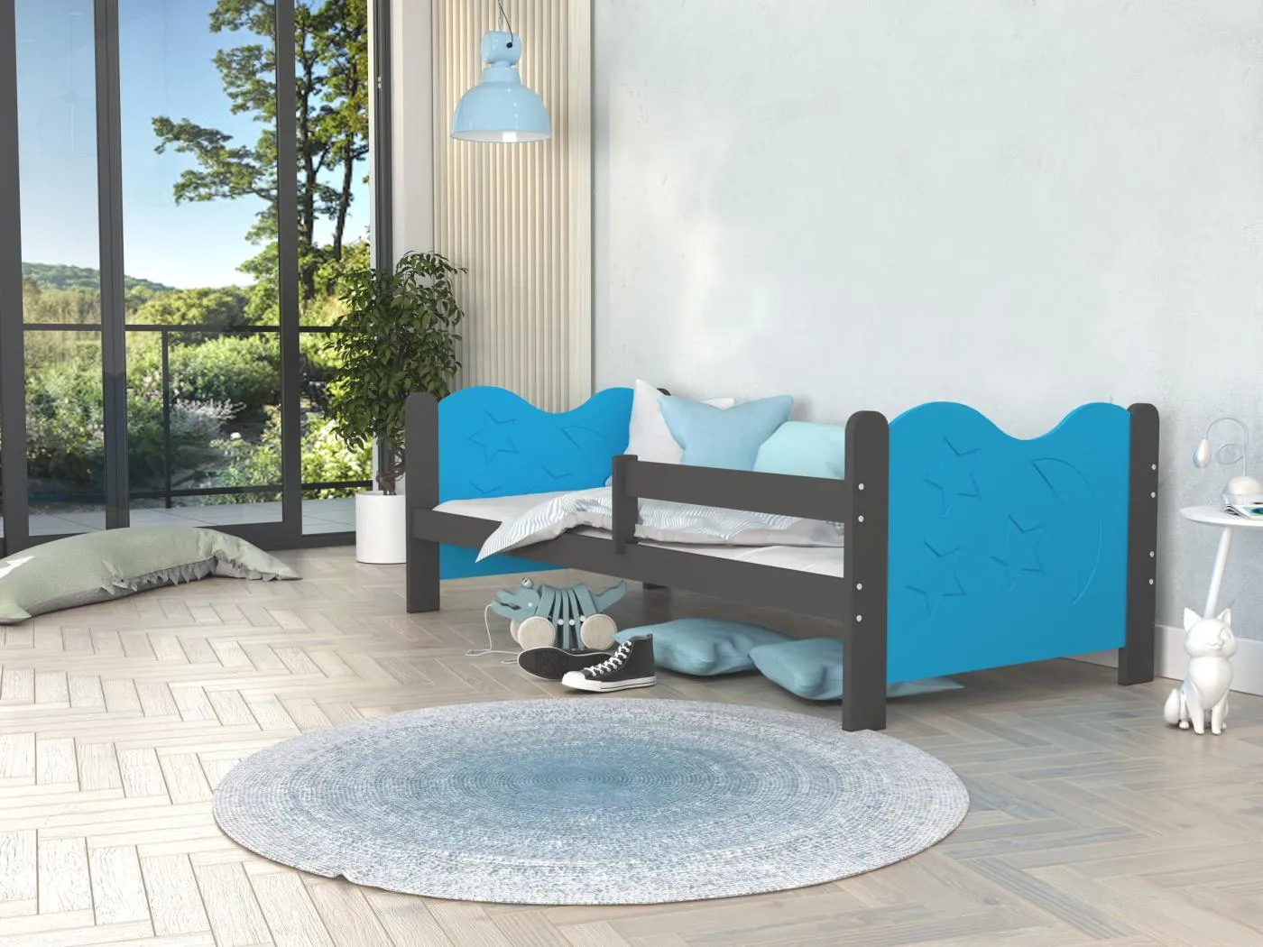 KINDERBETT mit Bettkasten Miki 190x80 cm, grauer Korpus / blaue Einsätze / Mondmuster