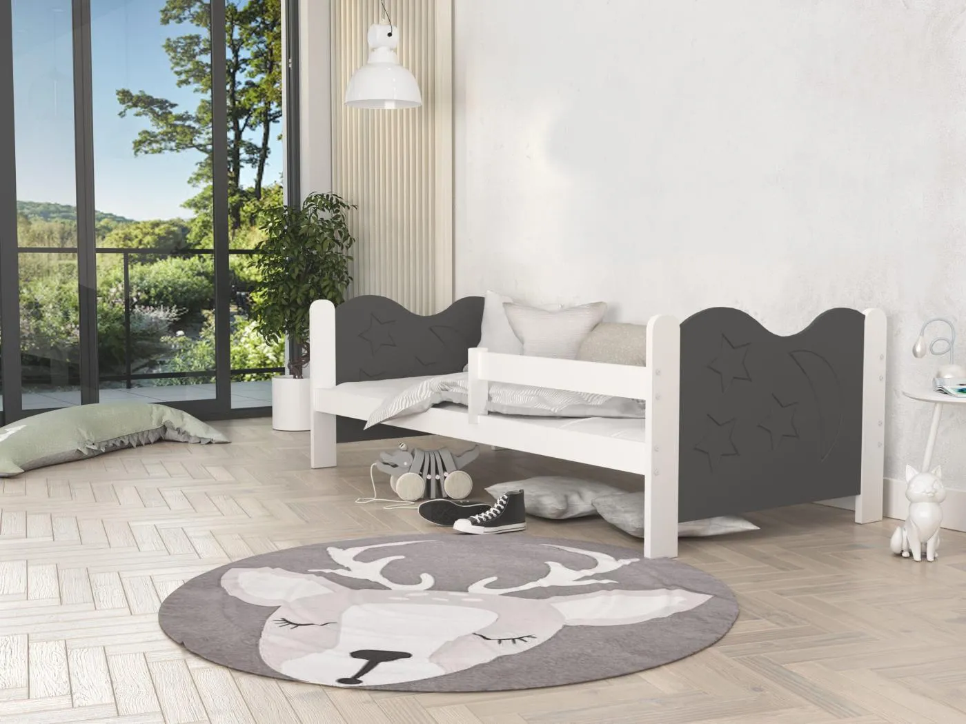 KINDERBETT mit Bettkasten Miki 190x80 cm, weißer Korpus / graue Einsätze / Mondmuster