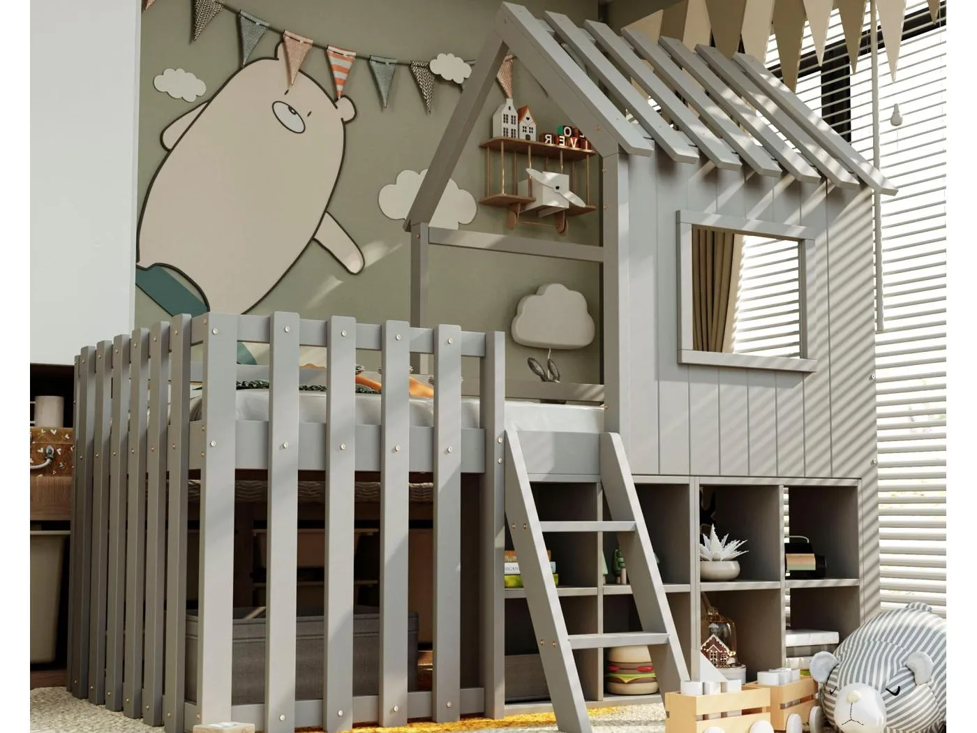 Hausbett Kinderbett 90x200 cm - mit Dach + Fenster - mit 2-stufiger Leiter und Regalen - grau