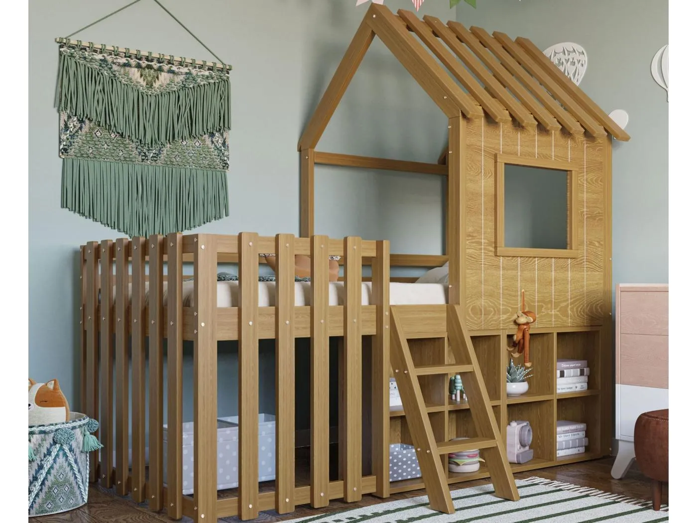 Hausbett Kinderbett 90x200 cm - mit Dach + Fenster - mit 2-stufiger Leiter und Regalen - natur