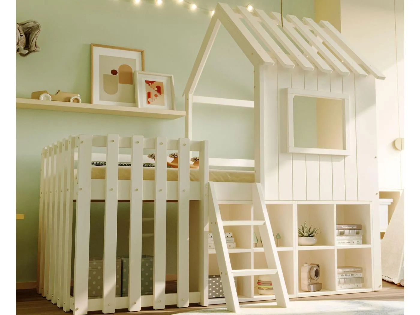 Hausbett Kinderbett 90x200 cm - mit Dach + Fenster - mit 2-stufiger Leiter und Regalen - weiß