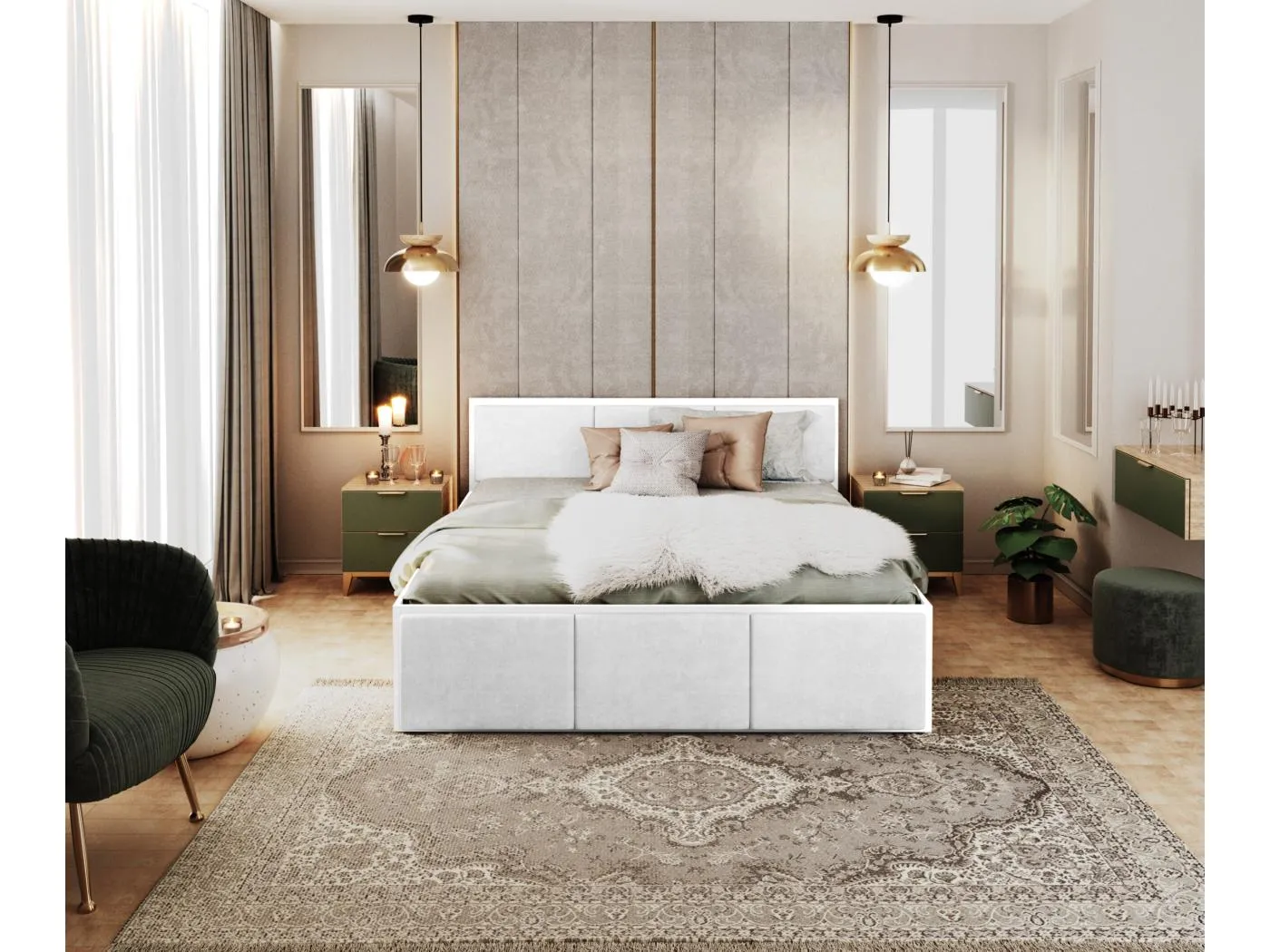 DOPPELBETT mit Bettkasten Ampo T 160x200 cm, weißer Korpus + weißer Stoff