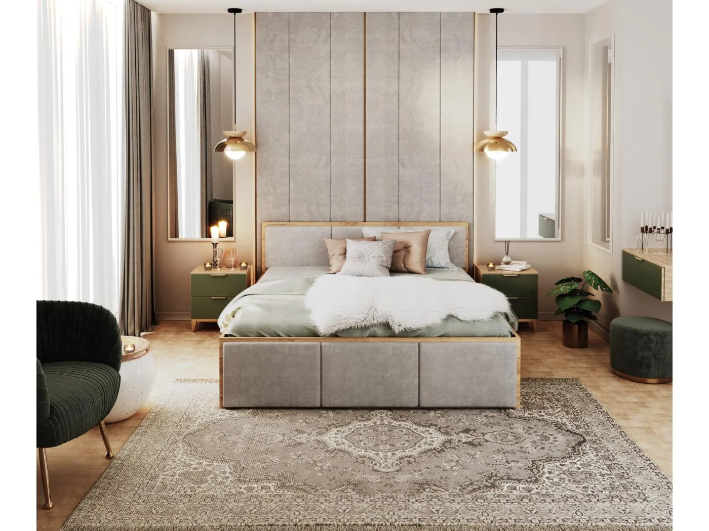 DOPPELBETT mit Bettkasten Ampo T 120x200 cm, Korpus Krafteiche + Stoff Hellgrau