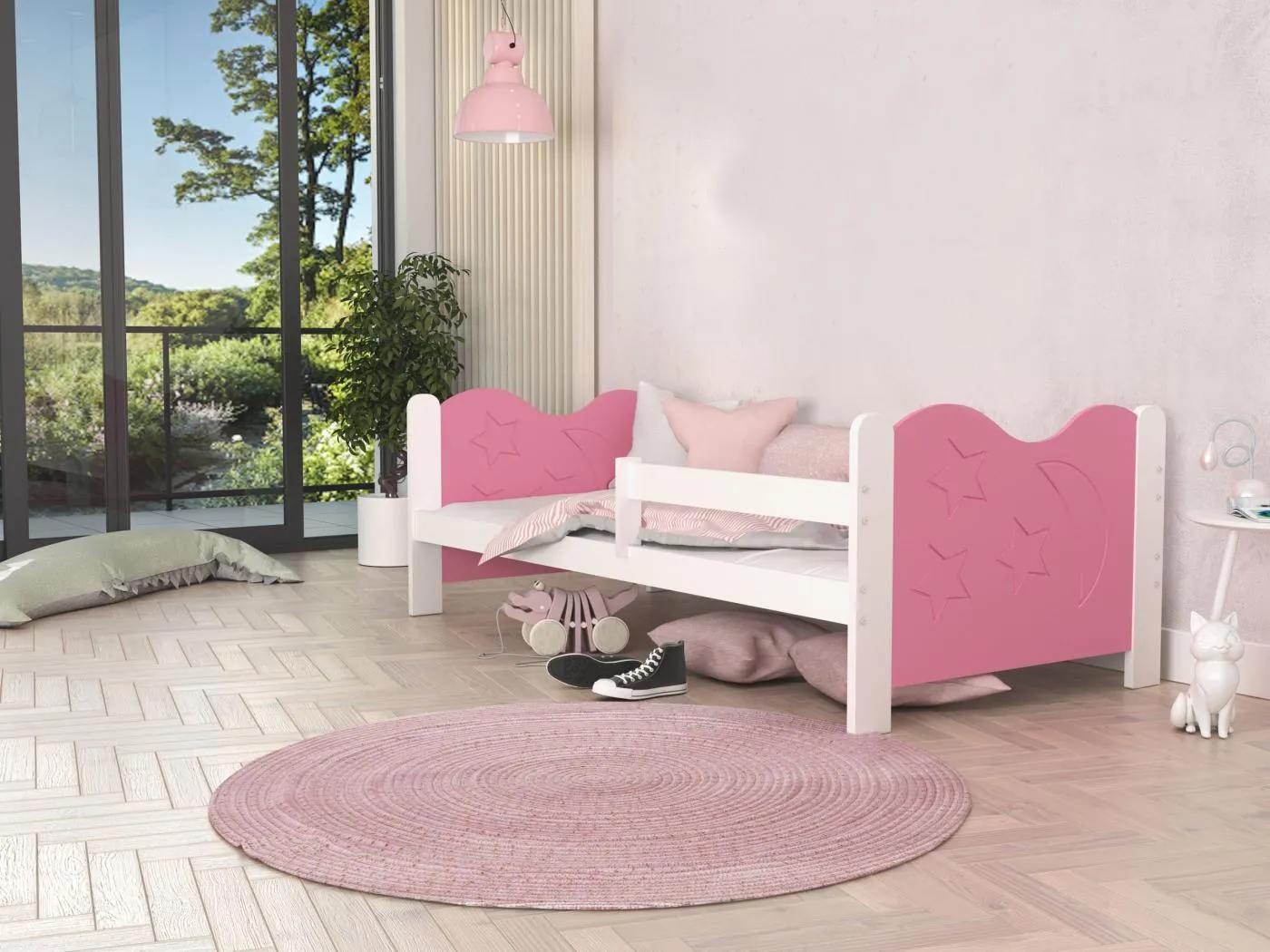 KINDERBETT mit Bettkasten Miki 160x80 cm, weißer Körper / rosa Einsätze / Mondmuster