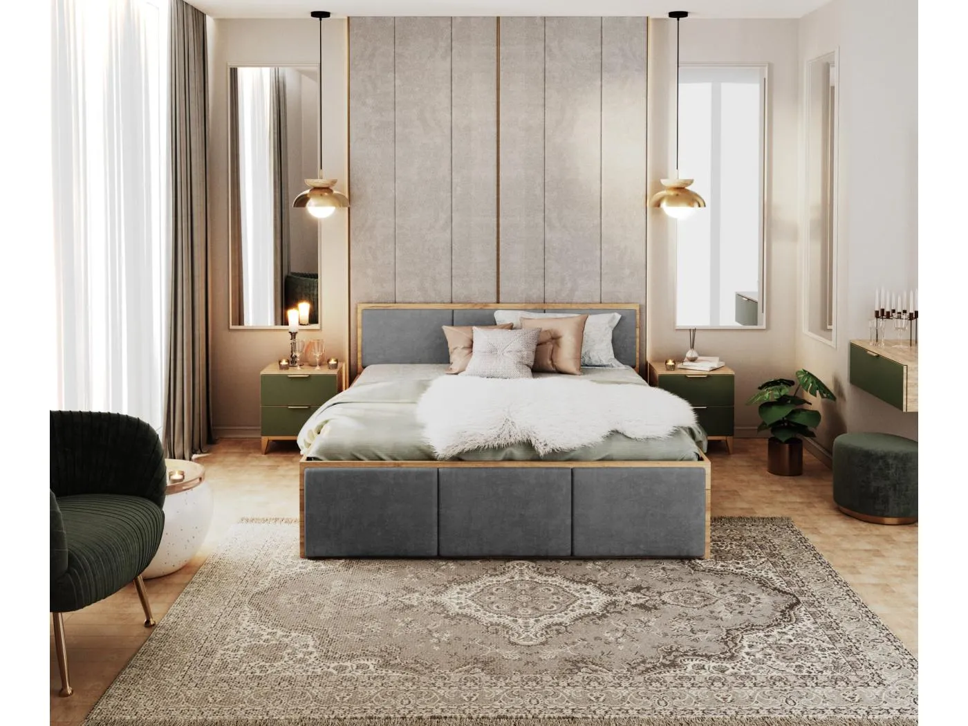 DOPPELBETT mit Bettkasten Ampo T 160x200 cm, Korpus aus Krafteiche + dunkelgrauer Stoff