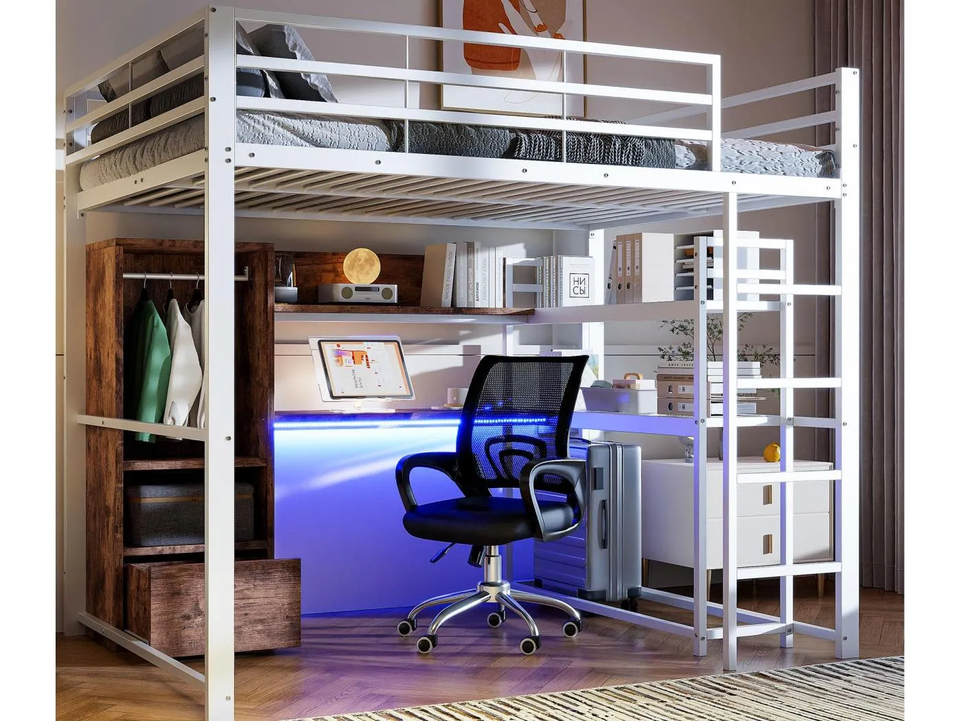 Hochbett 140x200 cm - mit LED-Beleuchtung - mit Schreibtisch - mit 1 Schublade - mit Leiter - weiß