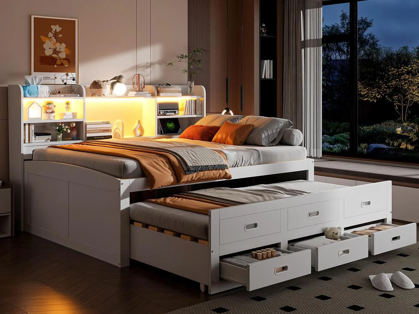 Schlafsofa 140x200 cm - mit LED-Beleuchtung - 3 Schubladen - mit USB + Typ-C - weiß (Matratze nicht enthalten)