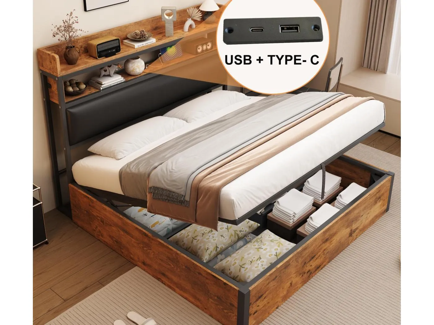 Stauraumbett 180x200 cm - mit USB-Anschluss und Regalen - schwarz (Matratze nicht im Lieferumfang enthalten)