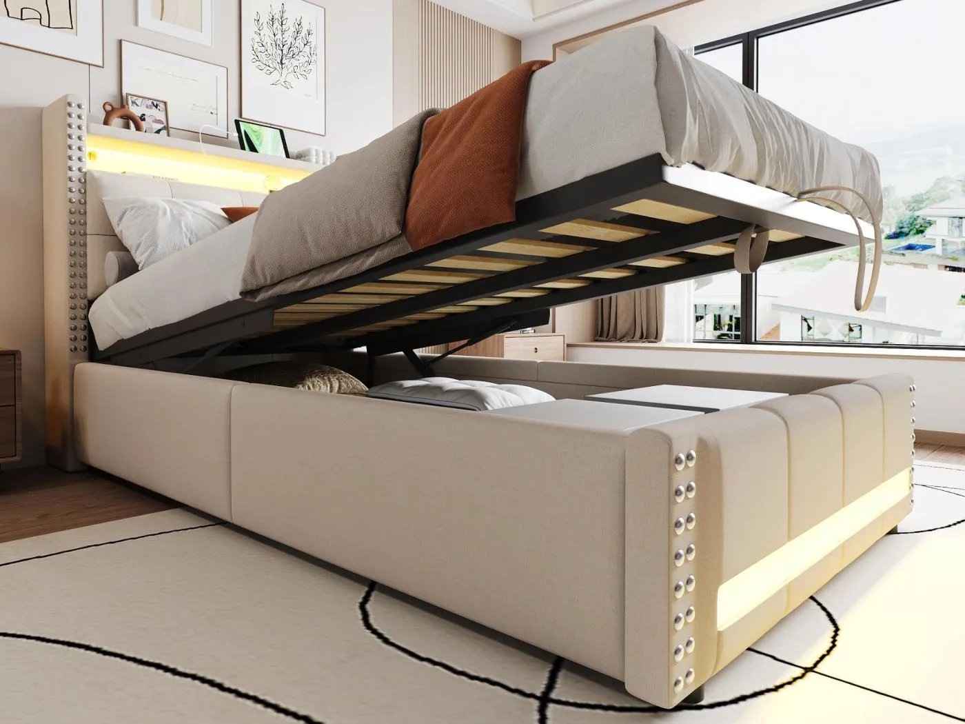 Gepolstertes Stauraumbett 90x200 cm - mit LED-Beleuchtung - mit USB-Anschluss - Leinen - beige (Matratze nicht enthalten)