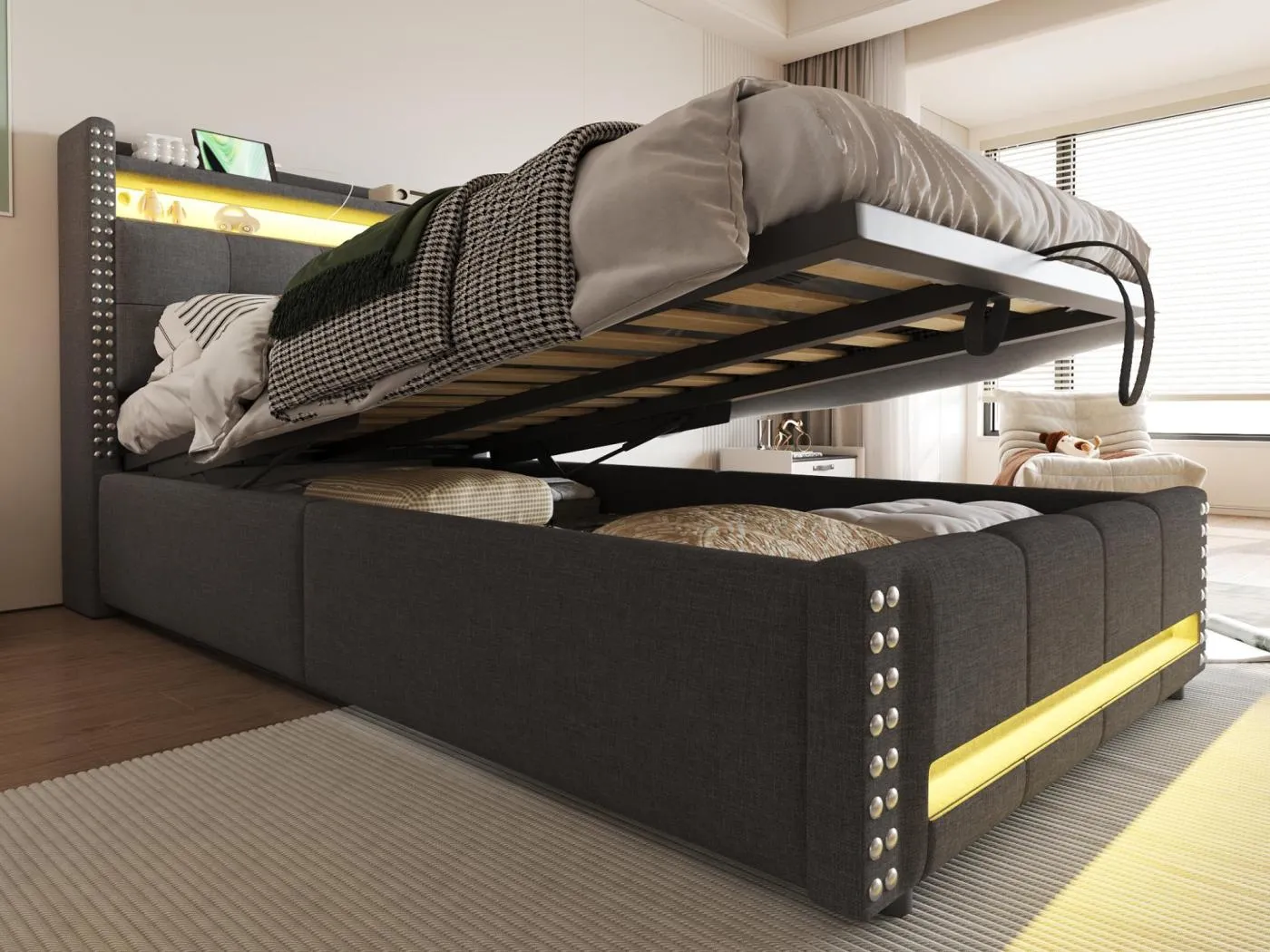 Gepolstertes Stauraumbett 90x200 cm - mit LED-Beleuchtung - mit USB - Leinen - grau (Matratze nicht im Lieferumfang enthalten)