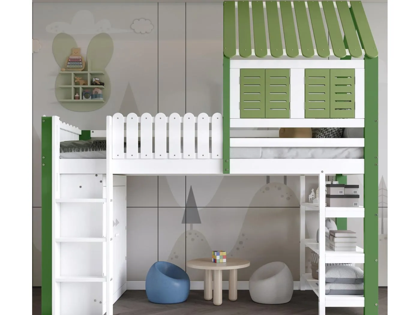 Hochbett 90x200 cm - mit offenen Regalen und Schrank - mit Schutzgitter - Dachform - Weiß + Grün (ohne Matratze)