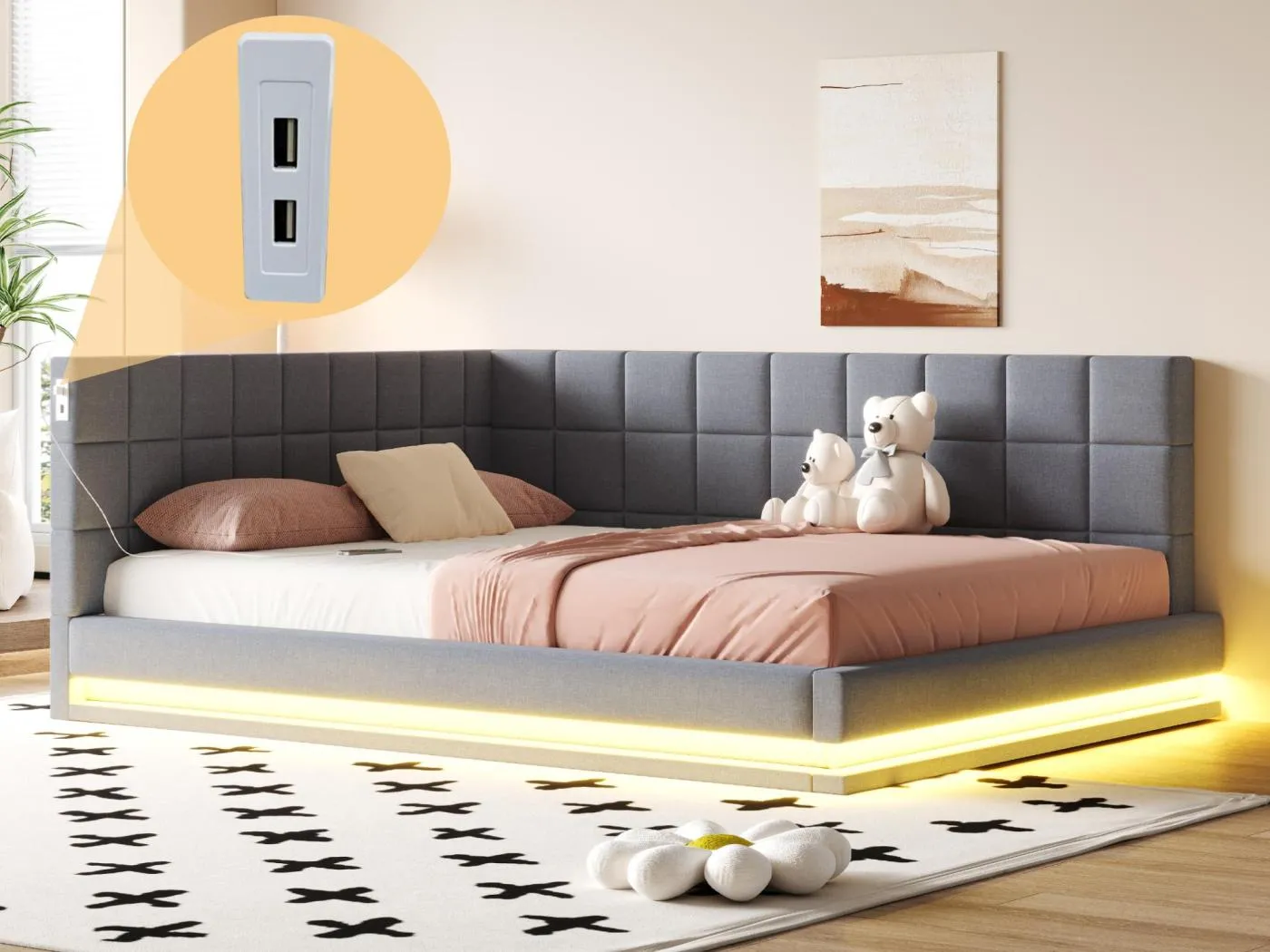 Schlafsofa gepolstert 160x200 cm - mit LED-Leiste - mit USB-Anschluss - Veloursstoff - grau