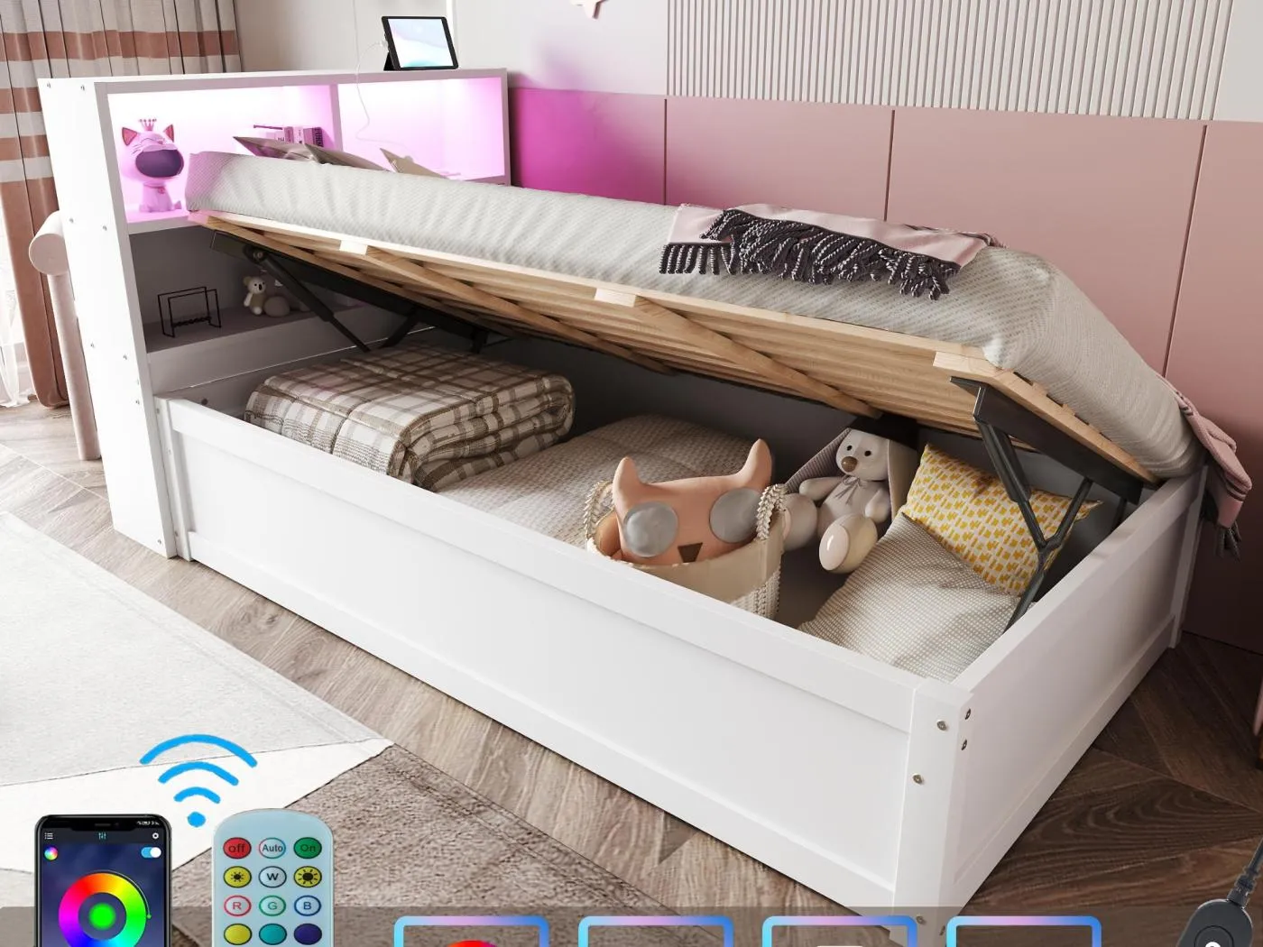 Stauraumbett 90x200 cm - Mit Steckdose - Mit Stauraumfach - Mit LED-Beleuchtung - Weiß (ohne Matratze)