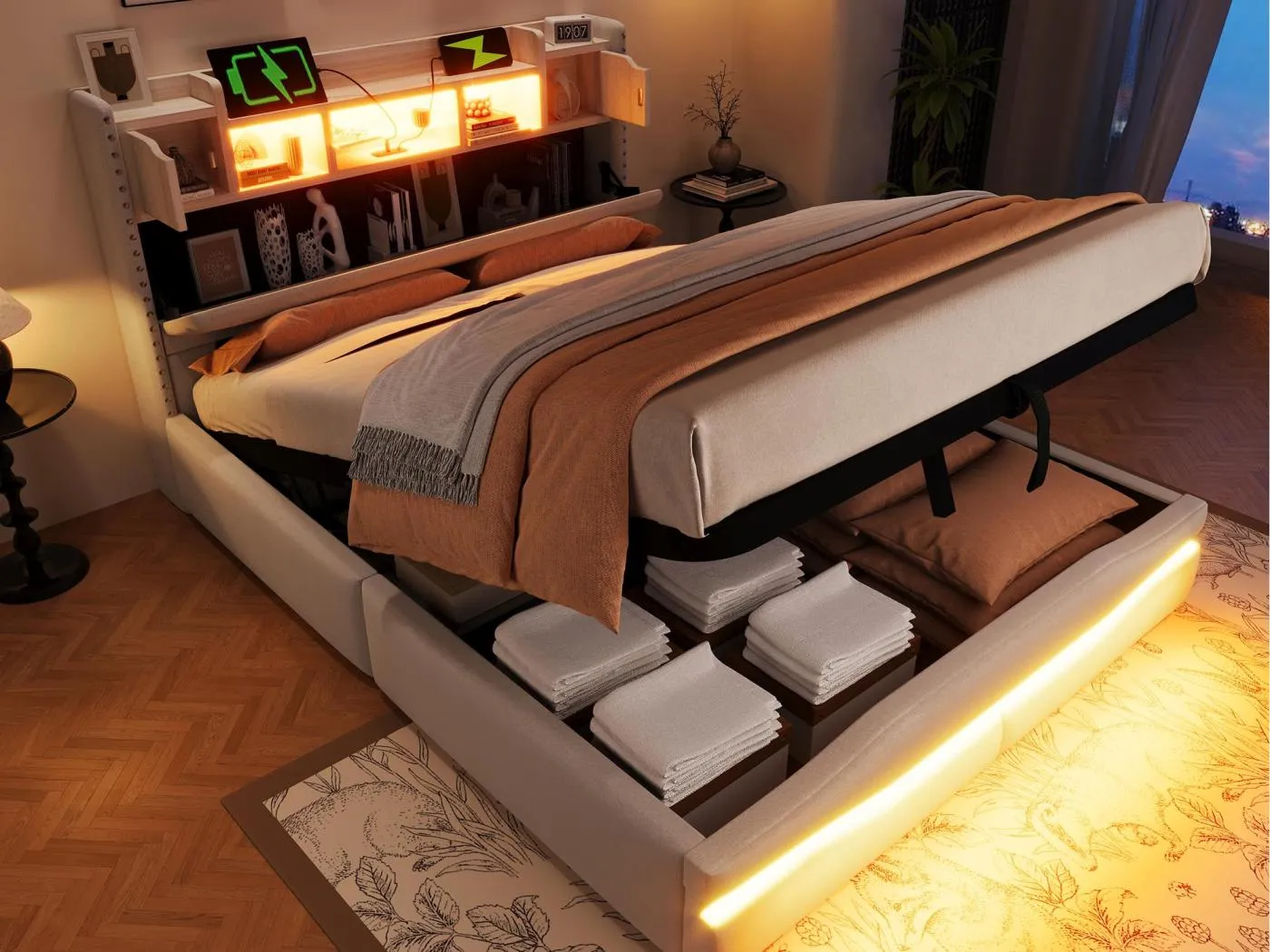 Polsterbett mit Stauraum 140x200 cm - mit LED-Beleuchtung - mit Staufach - beige (ohne Matratze)