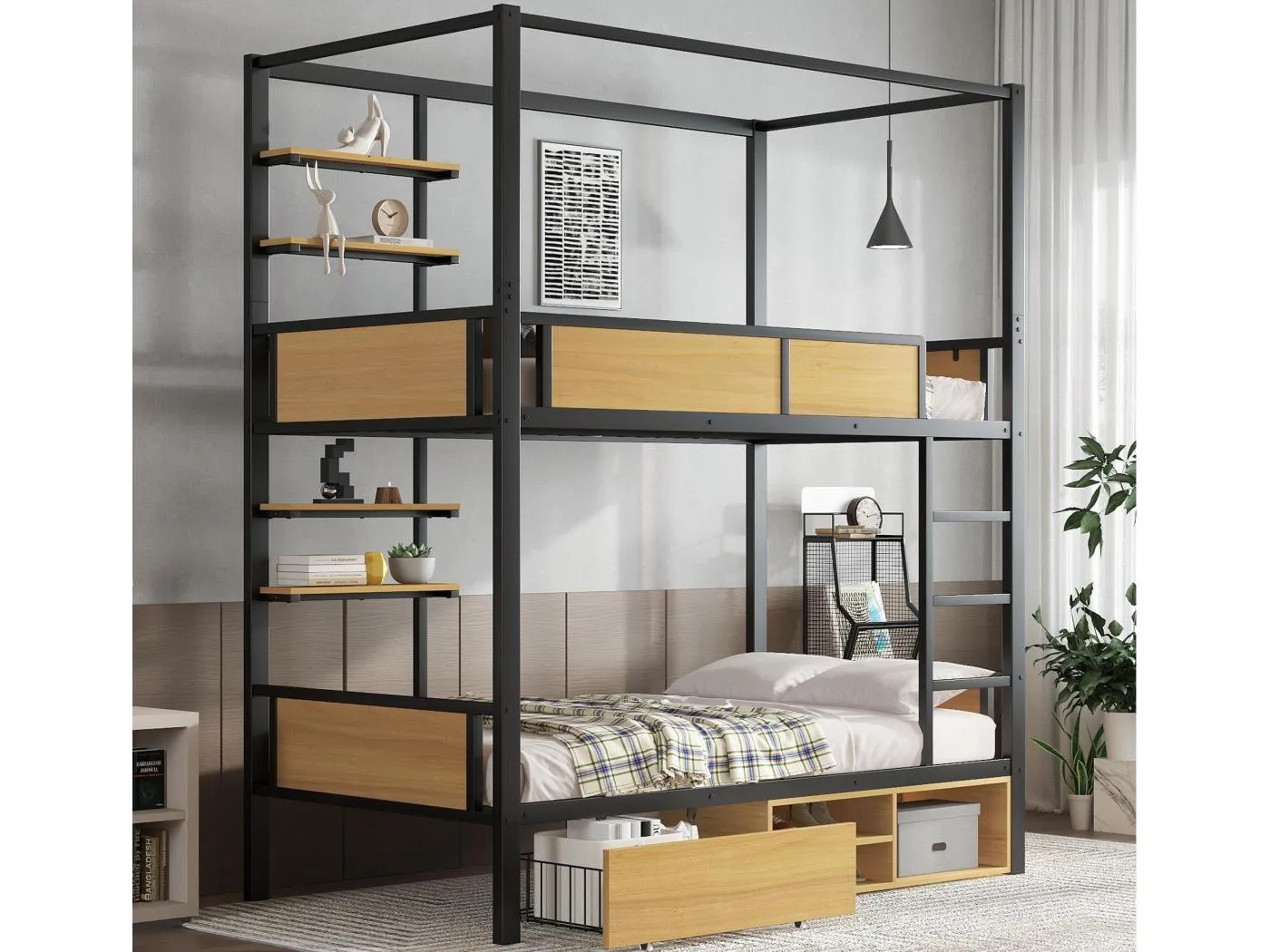 Etagenbett 90×200 cm - mit Regal - mit 1 Schublade und Staufach - Metall + MDF - Schwarz + Natur