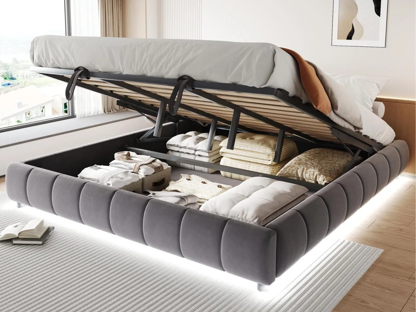 Gepolstertes Bett mit Stauraum 180x200cm - mit LED-Lichtleiste (einfarbig) - Grau (Matratze nicht enthalten)