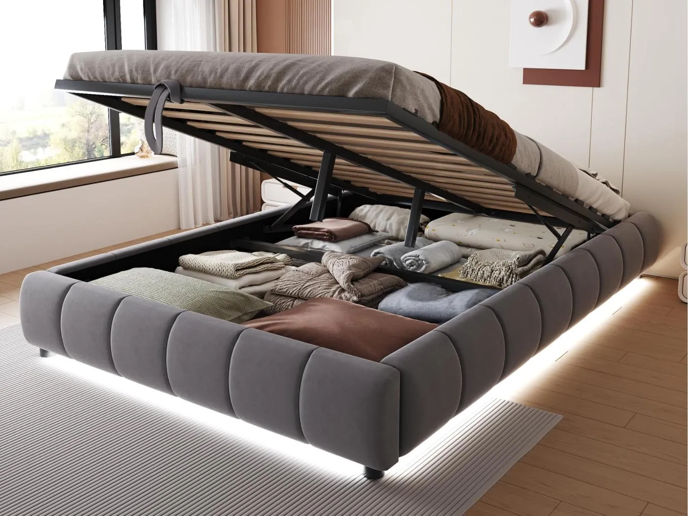 Gepolstertes Bett mit Stauraum 140x200cm - mit LED-Lichtleiste (einfarbig) - Grau (Matratze nicht enthalten)