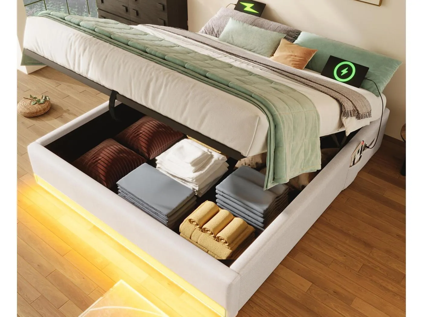 Gepolstertes Bett mit Stauraum 140x200cm - mit LED-Lichtleiste - mit USB + Type-C Anschlüssen - beige (Matratze nicht enthalten)