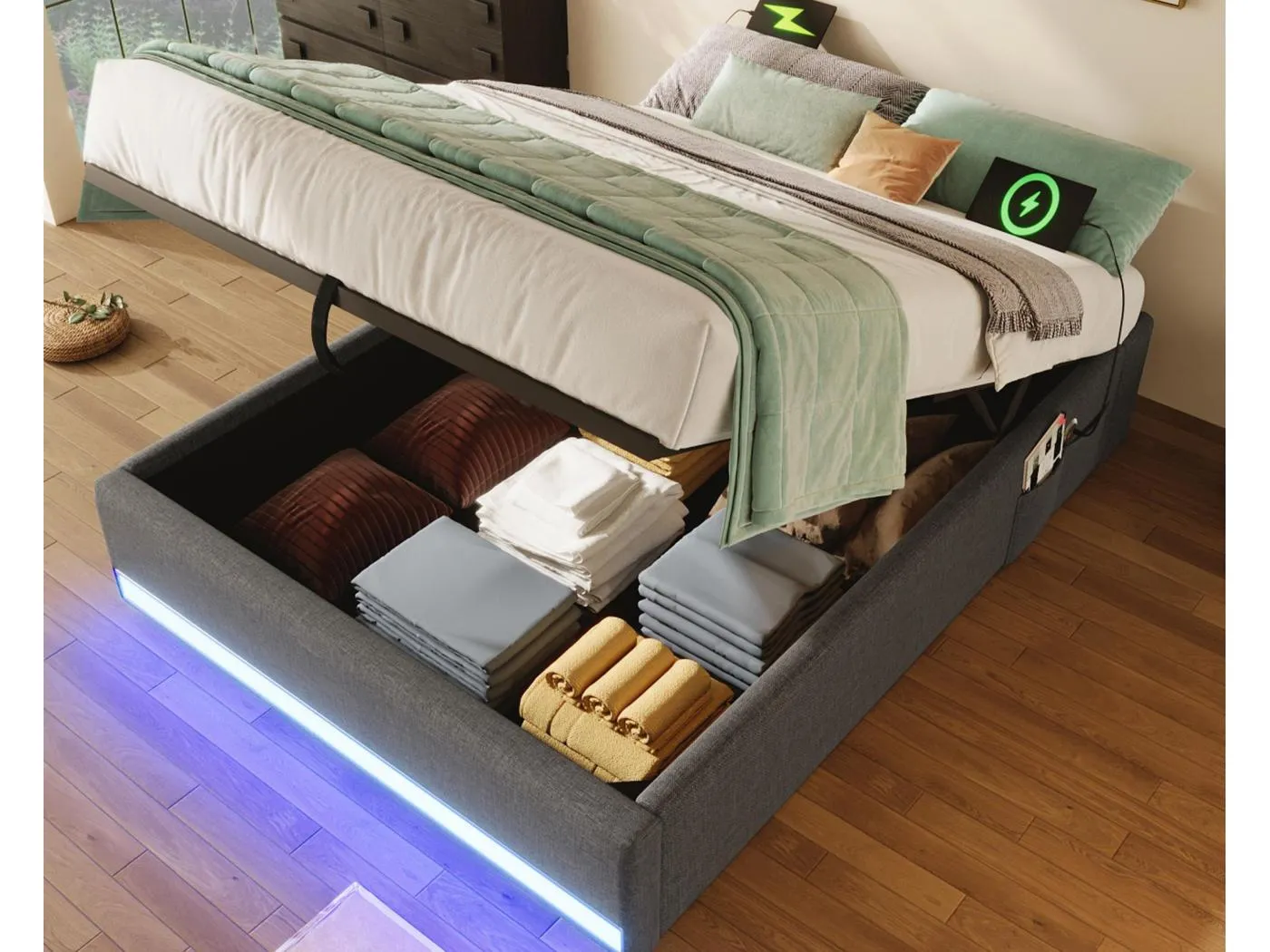 Gepolstertes Bett mit Stauraum 90x200cm - mit LED-Lichtleiste - mit USB + Type-C Anschlüssen - grau (Matratze nicht enthalten)