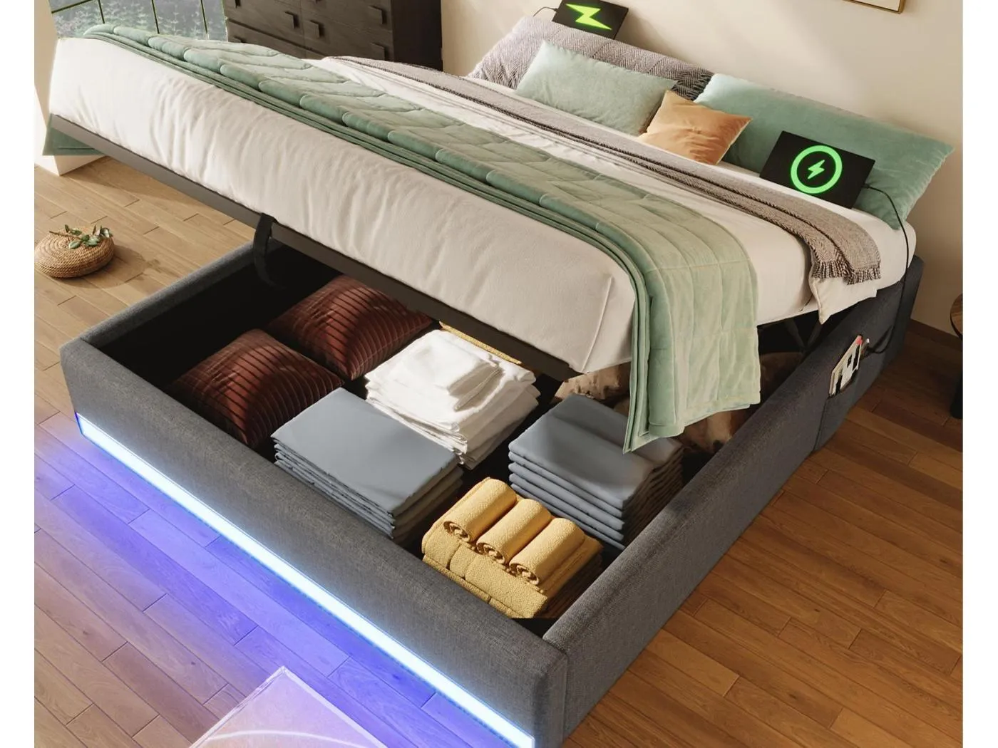 Gepolstertes Bett mit Stauraum 140x200cm - mit LED-Lichtleiste - mit USB + Type-C Anschlüssen - grau (Matratze nicht enthalten)