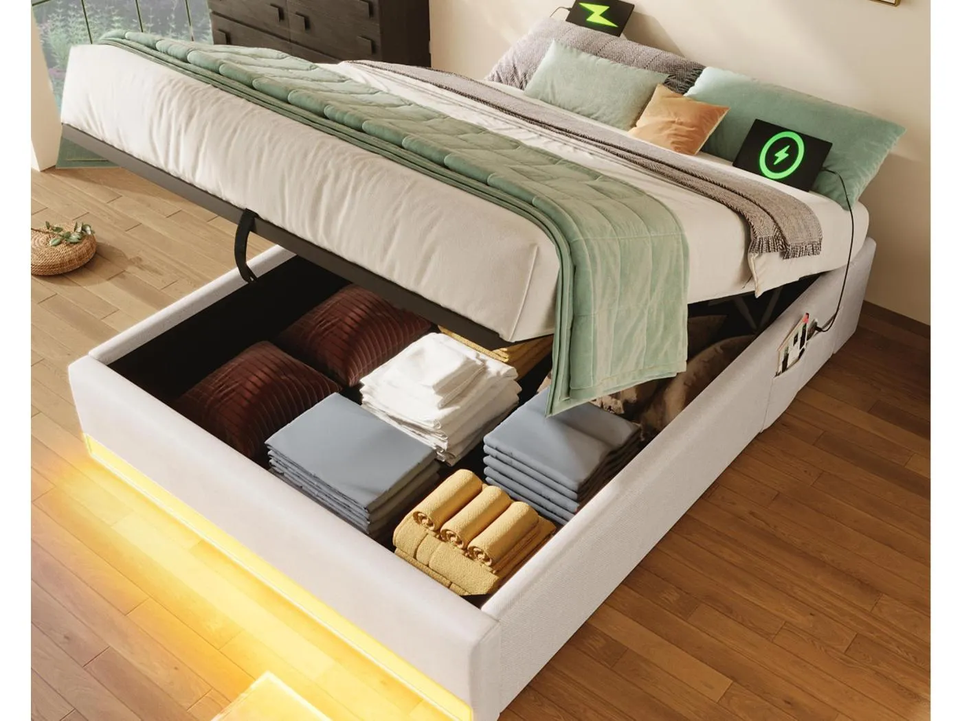 Gepolstertes Bett mit Stauraum 90x200cm - mit LED-Lichtleiste - mit USB + Type-C Anschlüssen - beige (Matratze nicht enthalten)