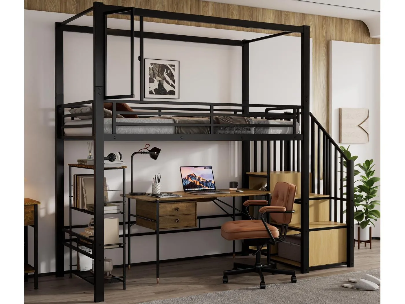 Hochbett 90×200 cm - mit offenem Kleiderschrank und Stauriegeltreppe - Acrylfenster - Metall + MDF - Schwarz + Natur