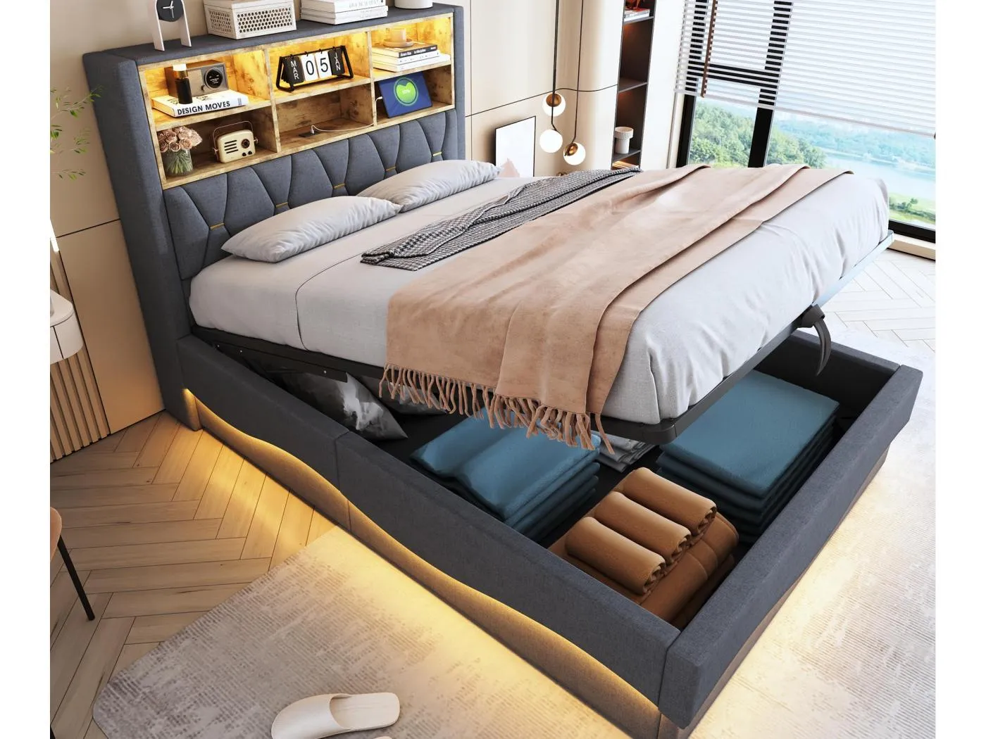 Kinderbett mit Stauraum 140x200 cm - mit LED-Lichtleiste - mit USB-Ladeanschluss - Leinen - Grau (ohne Matratze)