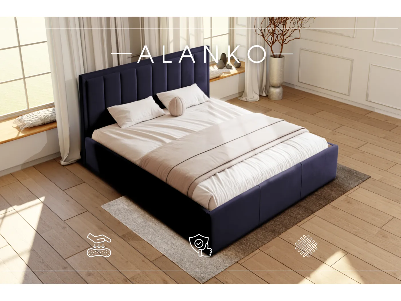 POLSTERBETT mit Bettkasten Alanko Welur Stoffe 180x200 cm, Opera Dunkelblau