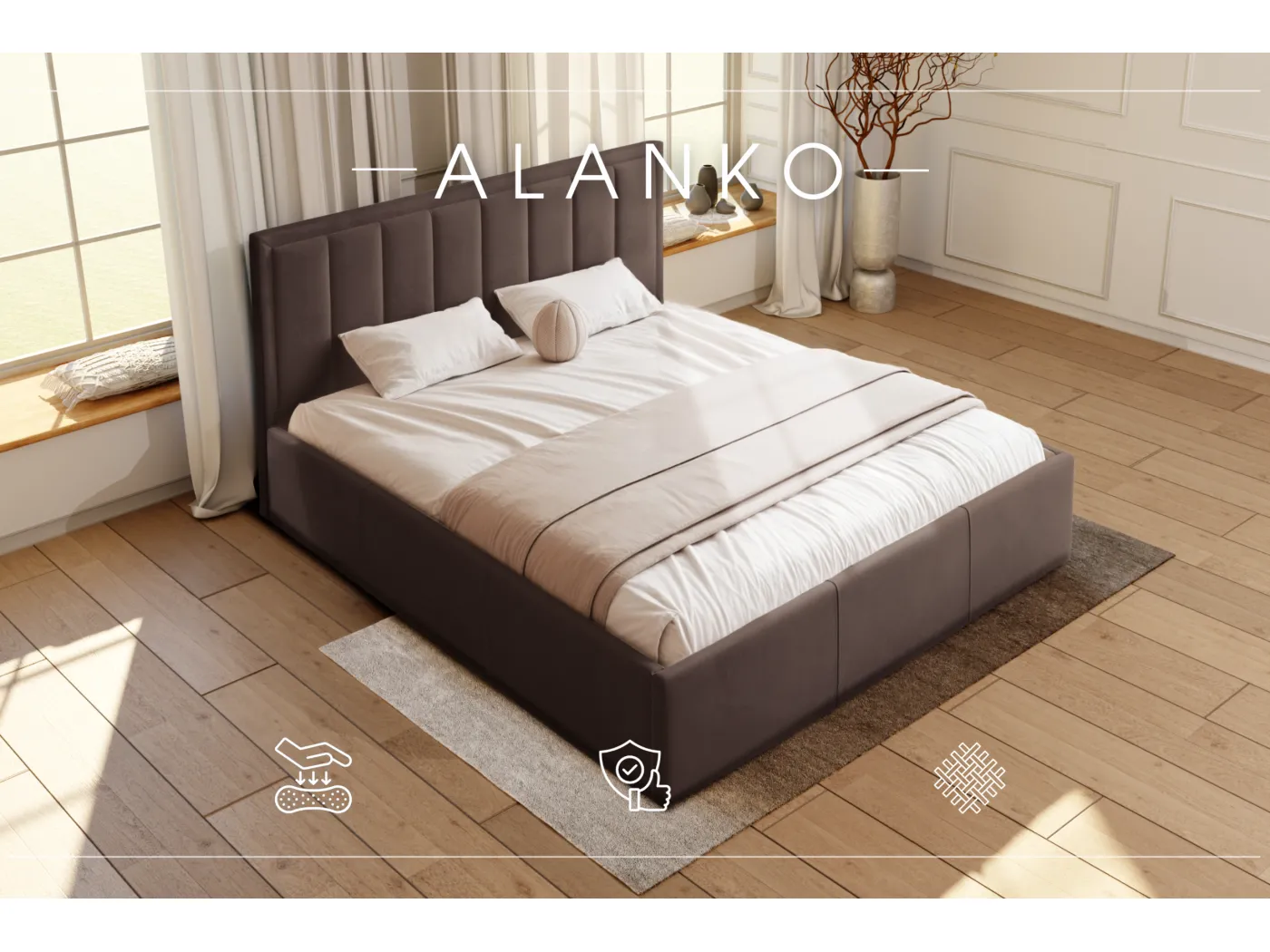 POLSTERBETT mit Bettkasten Alanko Welur Stoffe 180x200 cm, Opera Ebenholz