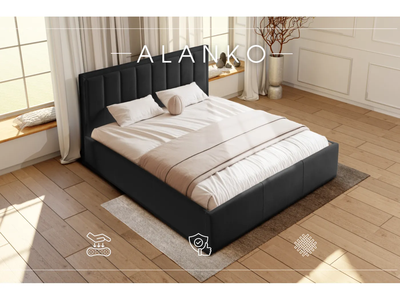 POLSTERBETT mit Bettkasten Alanko Welur Stoffe 160x200 cm, Opera Schwarz