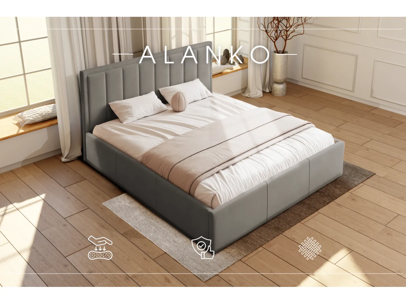 POLSTERBETT mit Bettkasten Alanko Welur Stoffe 140x200 cm, Opera Stein