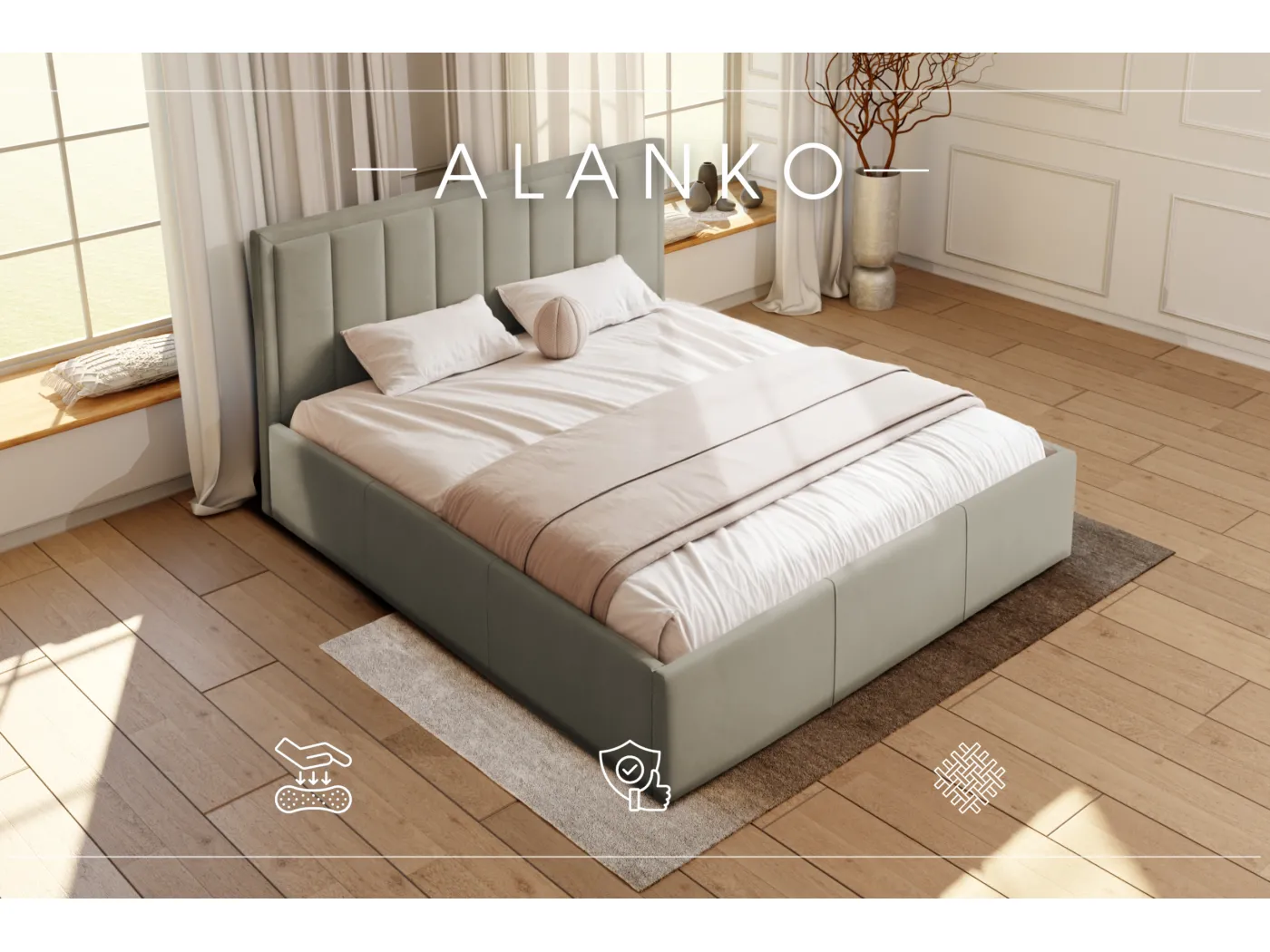 POLSTERBETT mit Bettkasten Alanko Welur Stoffe 180x200 cm, Opera Perle